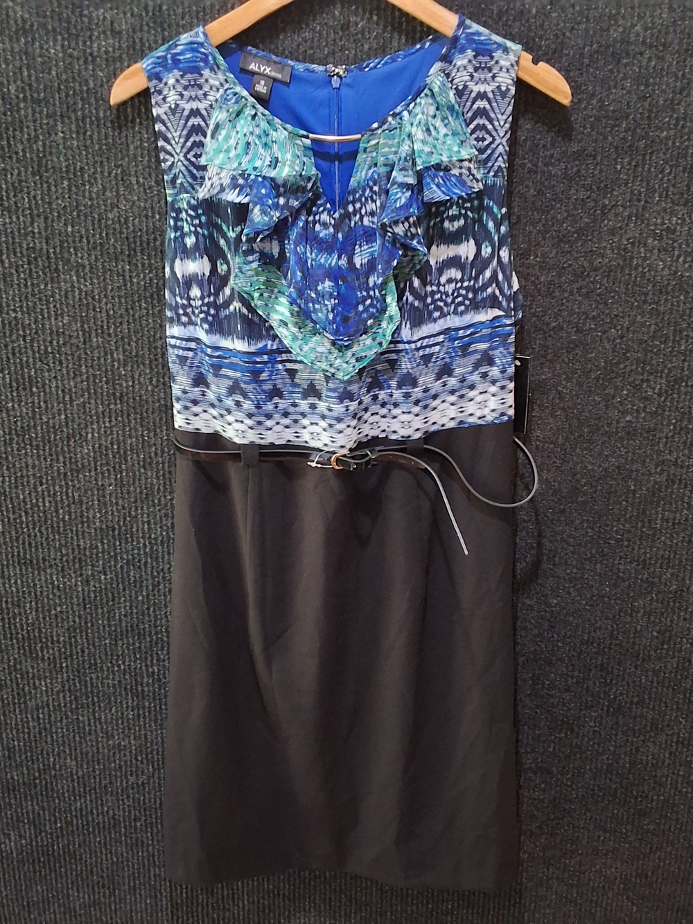 Alyx Blue Green Patterned Ruffled Bodice Black Skirt Asymmetrical Dress